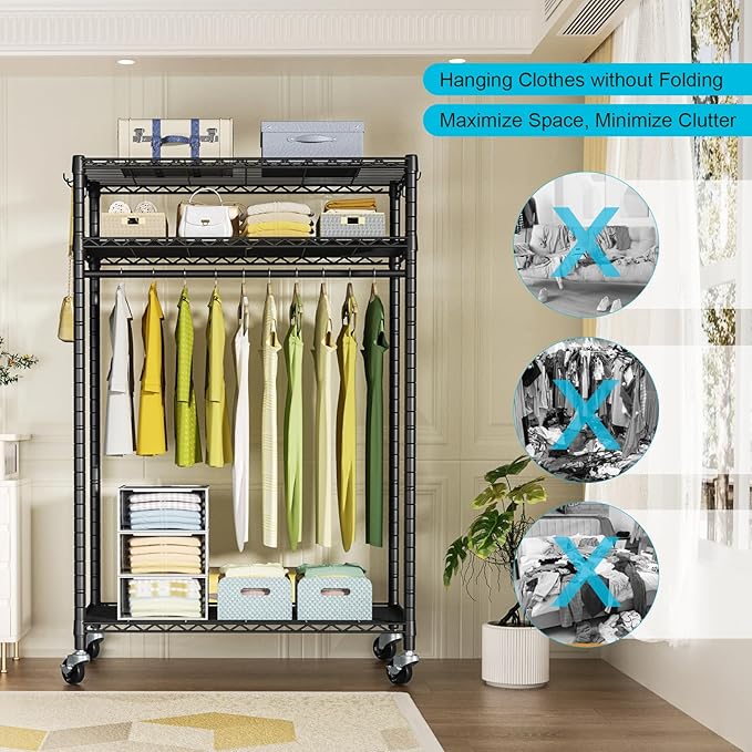 FUTASSI P3 Plus Rolling Clothes Rack, Clothing Racks for Hanging Clothes, Heavy Duty Garment Rack with Wheels, Freestanding Portable Closet Rack 45" W x 14" D x 78.5" H, Max Load 480 LBS, Black