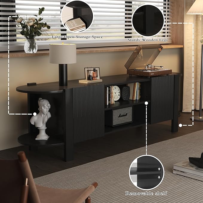 65 Inch TV Stand for Up to 75 inch TVs, Fluted Entertainment Center with Adjustable Shelve, Curved Round Corner TV Console Table with Storage Cabinet for Living Room, Bed Room (Black)