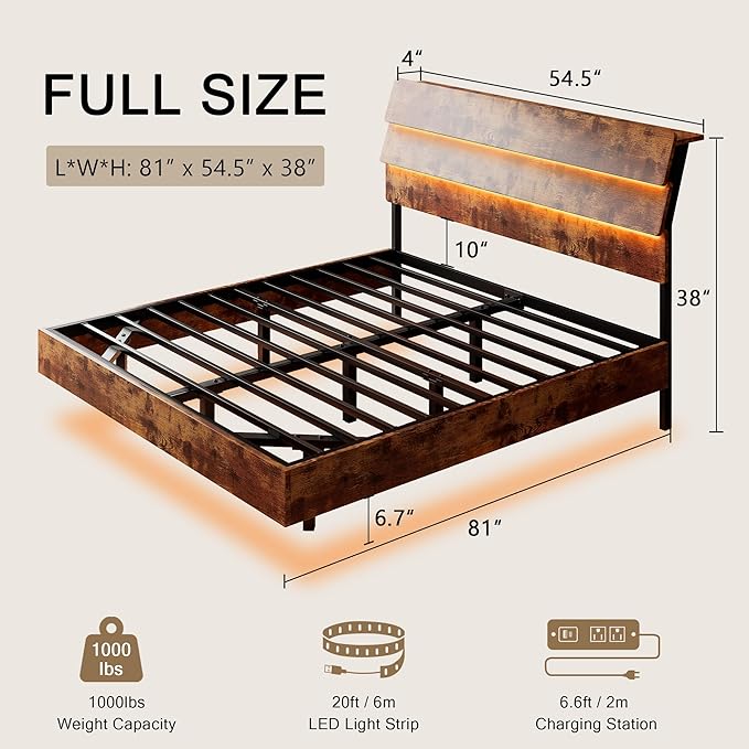 Floating Bed Frame Full Size with Led Headboard and Charging Station, Metal Platform Bed Base with Storage, Remote Control, Heavy Slats Support, No Box Spring Needed, Noise Free, Vintage Brown