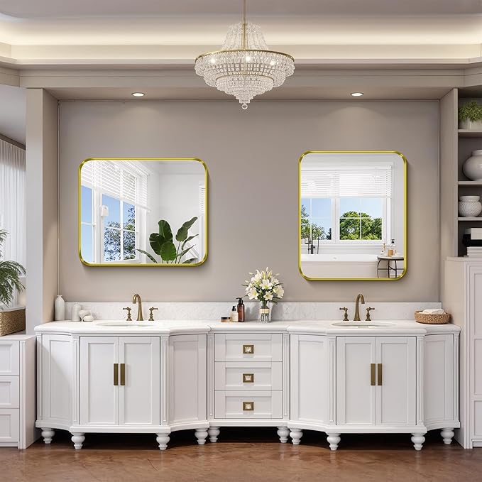 FORBATH 30x36 Inch Bathroom Mirror, Brushed Gold Deep Frame Wall Mirror with Rounded Corners, Anti-Rust Tempered Glass for Modern Farmhouse Vanity (Horizontal/Vertical Hanging)