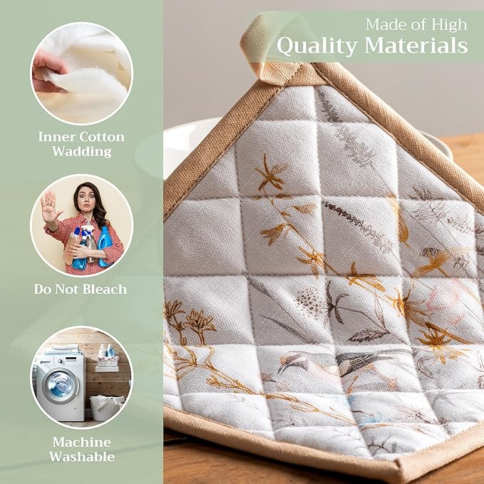 Maison d' Hermine Pot Holders 100% Cotton Heat Resistant Potholders 8" x 8" Hot Pads with Loop BBQ, Cooking, Grilling, Kitchen, Handling Hot Pans Spring/Summer (Pack of 1, Meadow Florals - Beige)
