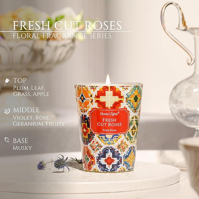 HomeLights Large jar Candle | 1-Wick Long-Lasting Scented Candles, 6.7oz Natural Soy Wax Candle for Home Scented, Bohemian Natural Textures Gifts for Women & Men, Fresh Cut Roses