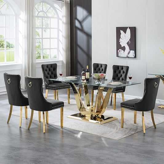 70" Modern Gold Glass Dining Table Set for 6, 7-Piece Rectangle Kitchen Dining Room Table Set with Steel Base & 6 Black Velvet Upholstered Chairs, Modern Glass Kitchen Table and Chairs Set of 6