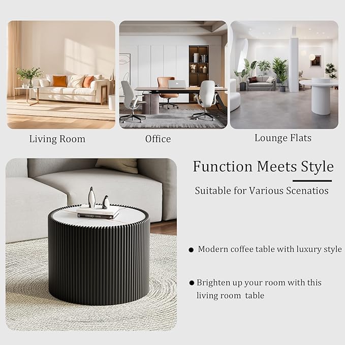 Black Round Coffee Table with Sintered Stone Tabletop, 17.71" Drum Coffee Table with Fluted PU Leather Covered and Stable Base, Circle Cocktail Tea Table for Living Room