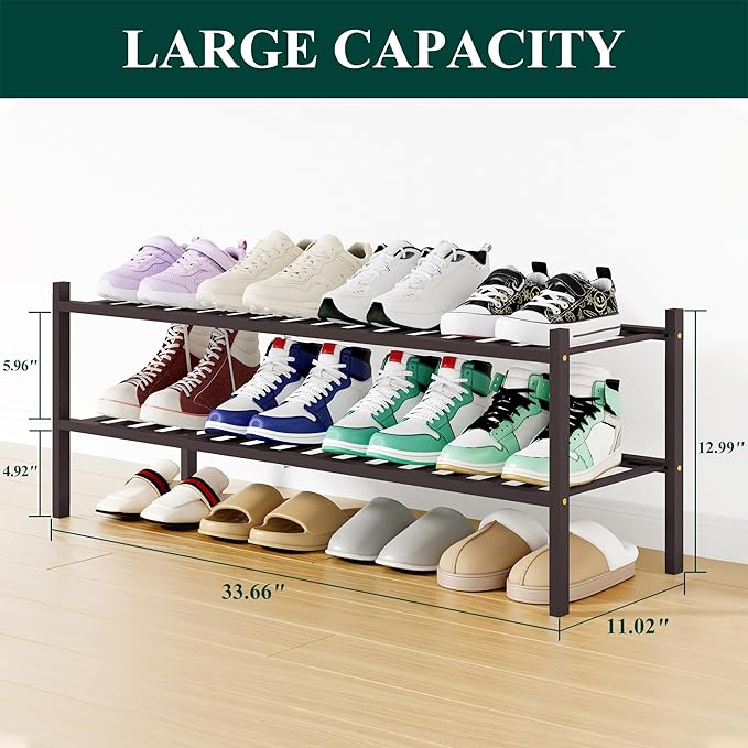 Smiry Shoe Rack, 2 Tier Long Bamboo Shoe Organizer, Stackable Free Standing Wooden Shoe Storage Shelf for Closet, Entryway, Front Door Entrance, Brown