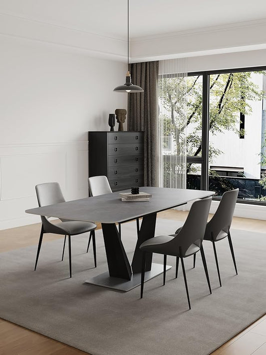79" Modern Dining Table for 6-8 People, Gray Extendable Sintered Stone Top with V-Shaped Carbon Steel Base for Dining Rooms (1Table+4Chairs)