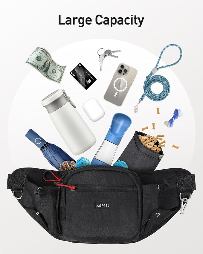 AGPTEK Dog Walking Fanny Pack, Large Capacity Dog Training Treat Pouch, Waist Bag with Removable Snack Pouch, Water Holder, Poop Bag Dispenser, Waterproof Zipper, Adjustable Strap, Black
