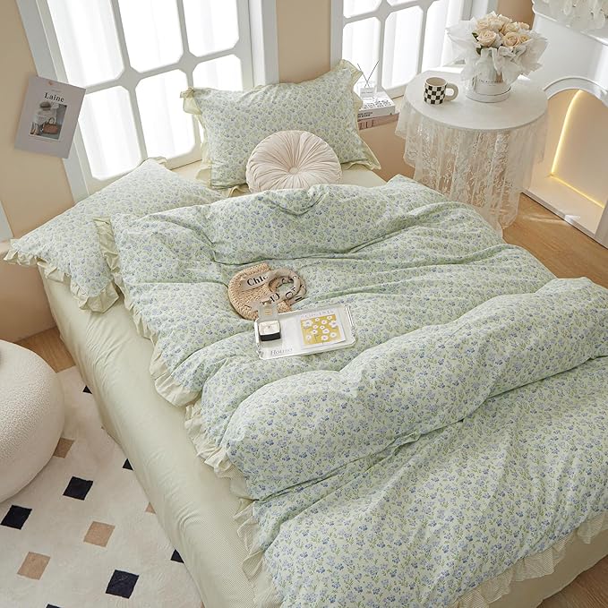 EAVD French Style Garden Floral Ruffled Comforter Set Full White Fluffy Soft Microfiber Chic Blue Floral Bedding Set with 2 Pillowcases Fresh Botanical Comforter Set for All-Season