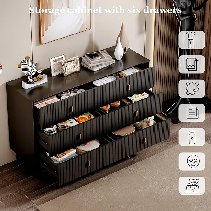 Modern Chest of Drawers with 6 Drawers,Deep Drawers,Clothes Organizer,Large Storage Cabinet for Living Room, Bedroom,Hallway,with Anti-Tipping Device,Black