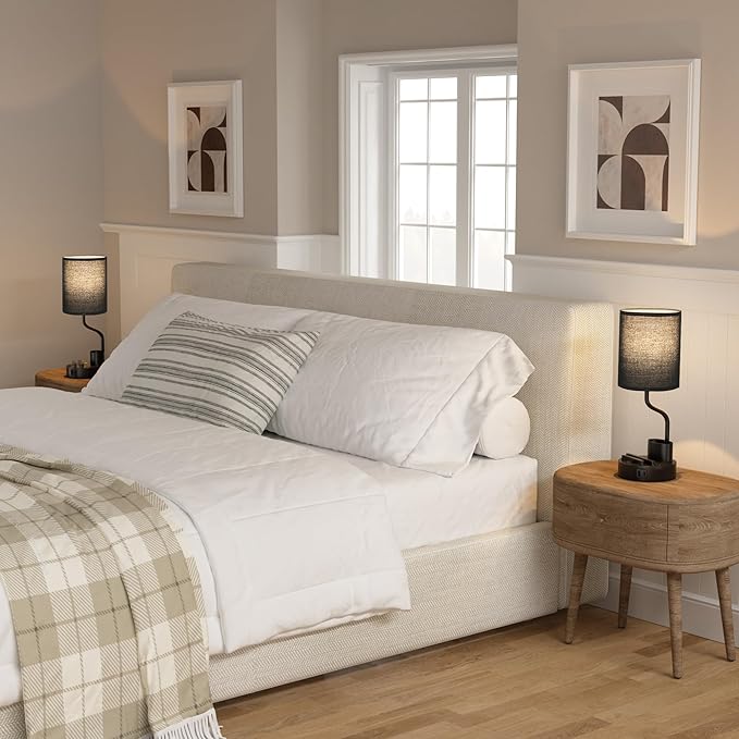 Black Bedside Table Lamps for Bedroom Set of 2 - Nightstand Light with AC Outlet and USB A & C for Charging, 3 Color Temperatures Desk Lamp with Pen Holder & Phone Stand for Living Room/Dorm/Office