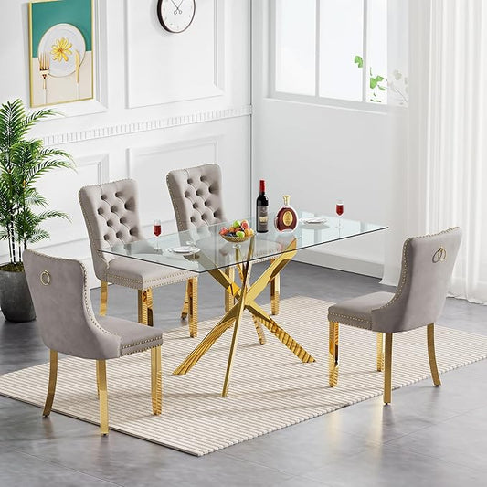 Goujxcy Glass Dining Table Set for 4, Modern Kitchen Table and Chairs Set of 4, 5-Piece Kitchen Dining Room Table Set w/51 Gold Glass Dining Table and 4 Grey Velvet Upholstered Chairs