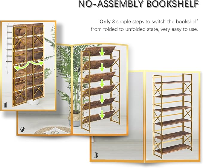 4NM Extra Wide 6 Tiers No Assembly Book Shelves, 61.8" H Folding Bookshelf Bookcase Open Industrial Foldable Shelves for Bedroom, Living Room, Home Office - Rustic Brown Gold