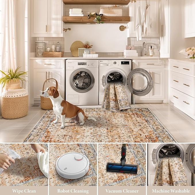 8x10 Area Rugs for Living Room Washable Non Slip Boho Modern Large Rugs Soft Faux Fur Low Pile Stain Resistant Vintage Euro Floral Big Carpet Rug for Bedroom Dining Room Family Room Fall Decor,Orange