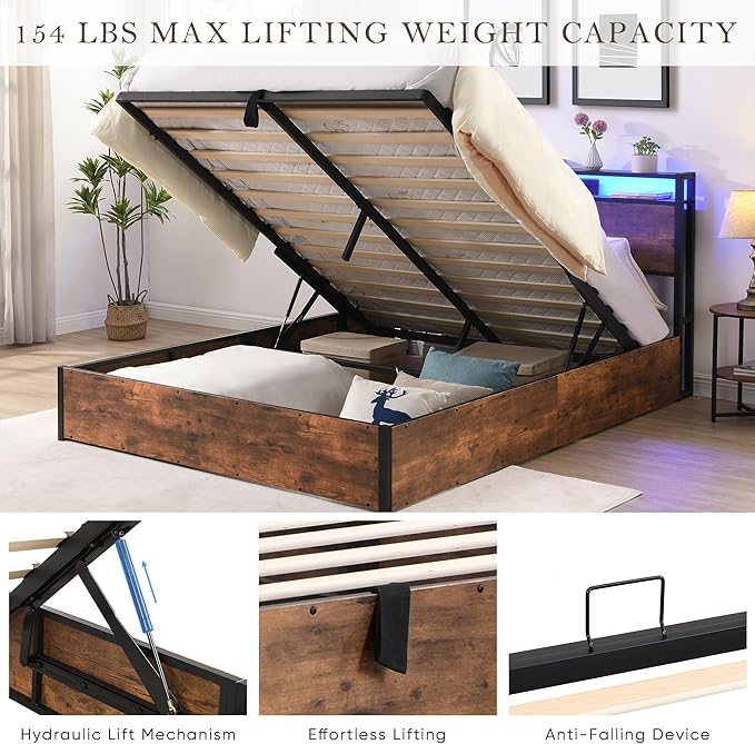 KEIKI Full Lift up Storage Bed Frame with Bookcase Headboard & Charging Station & LED Lights, Wooden Platform Bed Frame, No Spring Box Needed, Rustic Brown