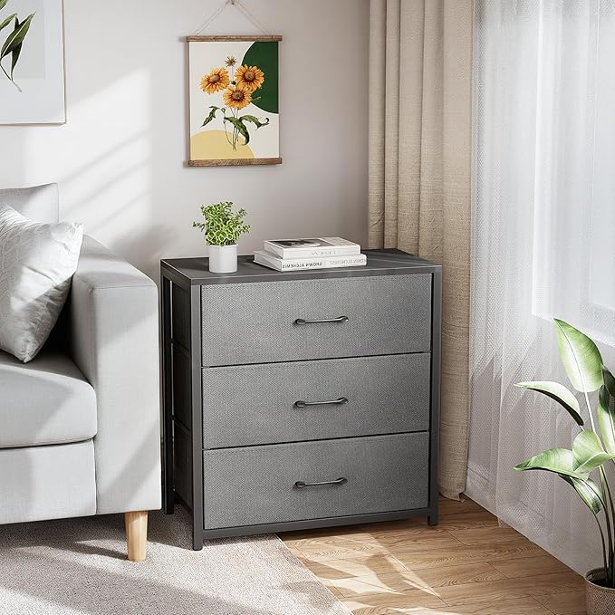 Nightstand with 3 Drawers for Bedroom, Storage Dresser with Fabric Drawers and Metal Frame for Closet, Living Room, Bedside Table with Wood Top, Easy Pull Handle, Gray