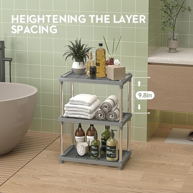 Grey 3 Tier Storage Rack with Shelf,Kitchen Spice Rack,Under Sink Countertop Makeup Organizer Standing Rack for Bathroom Counter，13MM Steel Tubes