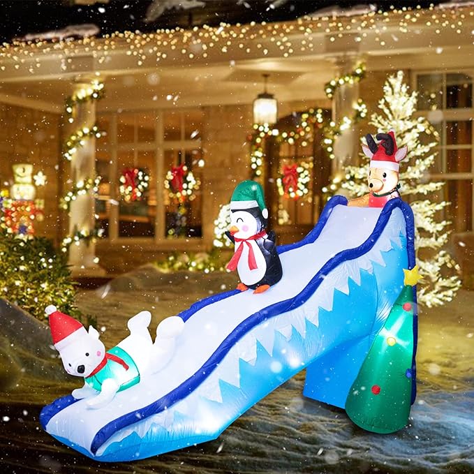 Bshine Christmas Inflatable Outdoor Decorations - 9.5 FT Christmas Inflatable Fun Slide Scene with Penguin Reindeer Polar Bear Blow Up Xmas Decorations with LED Lights for Lawn Garden Decor