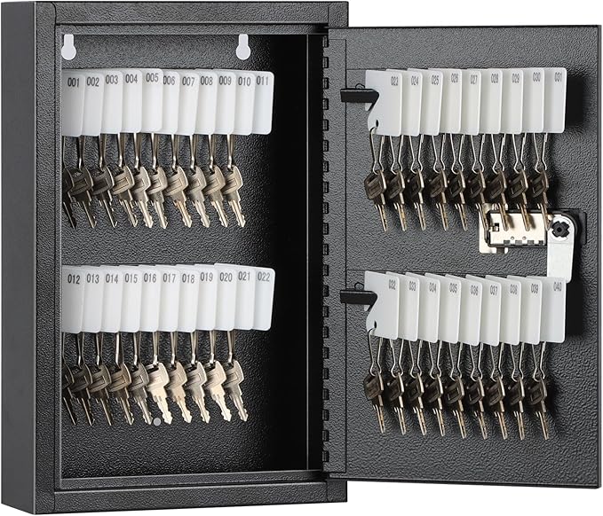 KYODOLED Locking Key Cabinet, 40 Key Storage Lock Box with Code, Key Box Wall Mount with Combination Lock, Key Hooks & Tags Labels for Home, Office, Business, 2.5" D x 8" W x 12" H (Black,40 Key)
