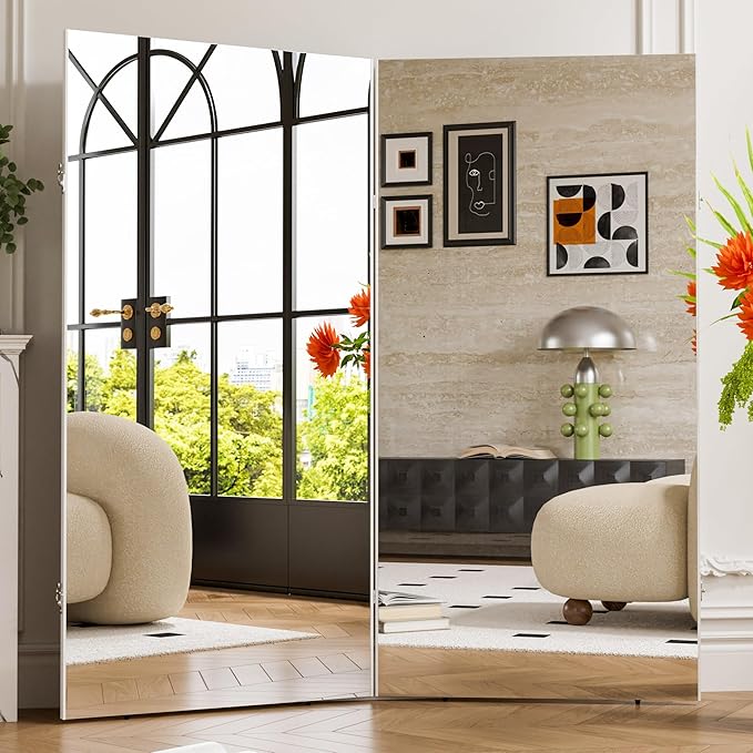 brisafe 360-Degree Folding Full-Length Mirror - 71" x 63"Oversized Anti-Shatter Nano Film Mirror, Space-Saving Foldable Design for Home Gym/Yoga Studio, 60% Commercial Insurance Discount, White