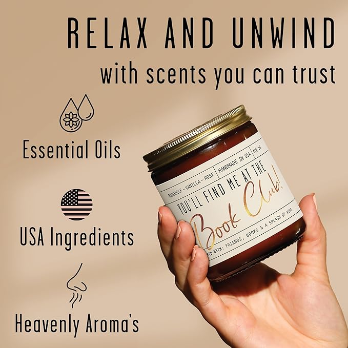 Book Lovers Gifts for Women - 'You'll Find Me at The Book Club' Candle, Old Library, Vanilla, Rose I Bookish Gifts for Women Readers I Reading Accessories for Reading Lovers I 50Hr Burn, USA Made