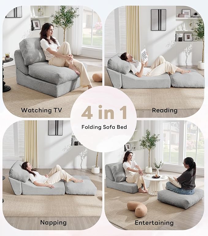 Tbfit Folding Sofa Bed, Convertible Sleeper Chair with Large Pillow, Corduroy Folding Couch Bed, Portable & Foldable Mattress Boneless Floor Sofa for Living Room, Bedroom, Office, Grey, Single