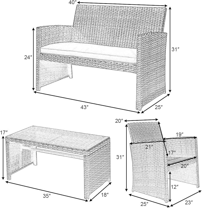 Goplus 4-Piece Rattan Patio Furniture Set, Outdoor Wicker Conversation Sofa with Weather Resistant Cushions and Tempered Glass Tabletop for Lawn Backyard Pool Garden (White(Black Wicker))