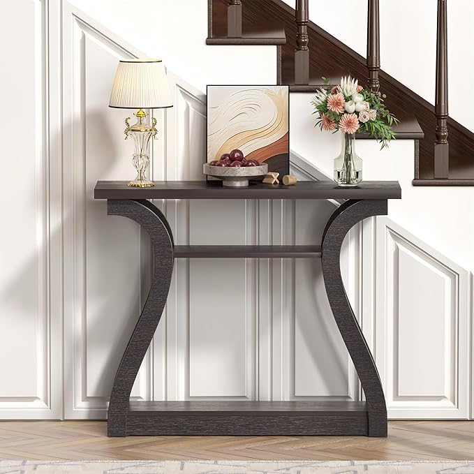 Wooden Console Table with Curved Legs and Shelf, 3-Tier Modern Accent Sofa Table for Entrance Area, Living Room, Hallway, 47 in Wide (Brown)