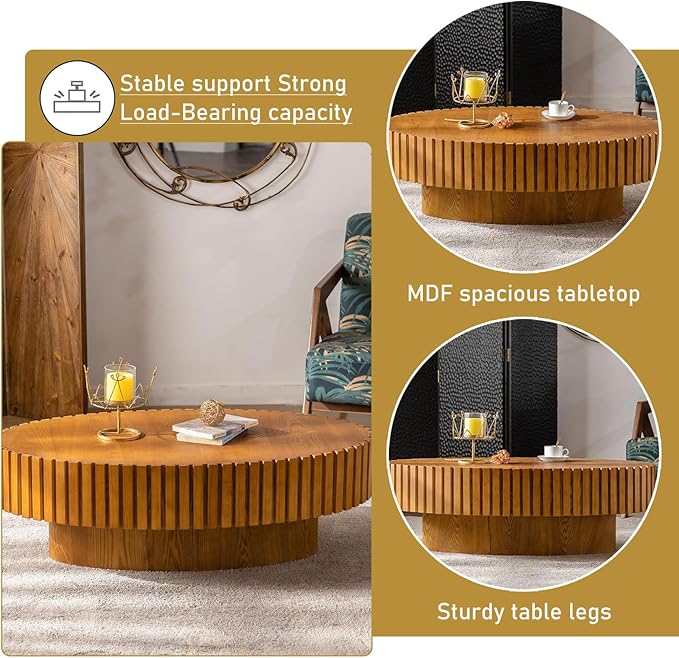 Oval Drum Coffee Table 43.3" Wooden Coffee Tables Handcrafted Fluted Drum Coffee Table Mid Century Modern Luxury Center Table Vintage Farmhouse Center Table for Living Room (Oval Wood)