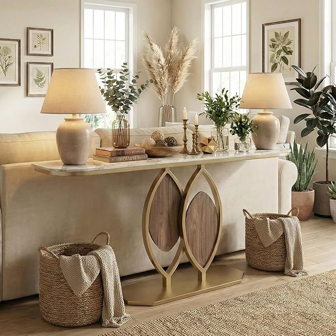 Stone Console Table Gold for Entryway, Modern Foyer Table Sofa Tables Narrow Long Stone Top for Living Room, Hallway Decor, Creative Styling(Gray,39.3"x11.8"x31.5")