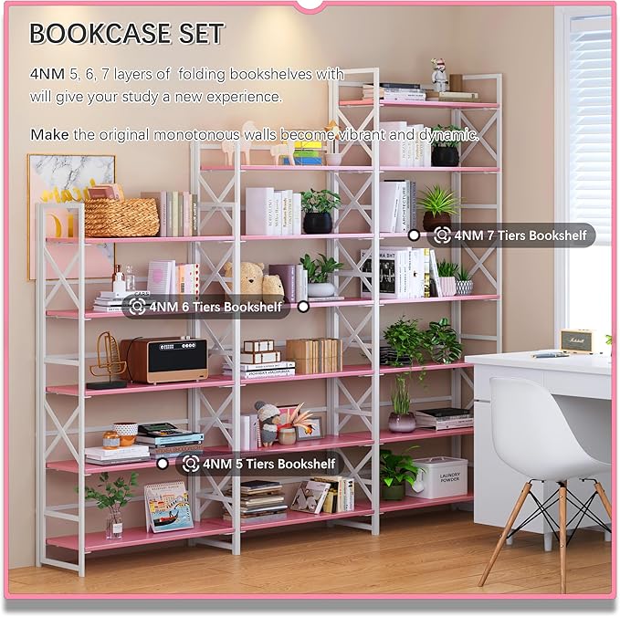 4NM 5 Tiers No Assembly Book Shelves, 51.2" H Folding Bookshelf Bookcase Open Industrial Foldable Shelves for Bedroom, Living Room, Home Office - Pink White