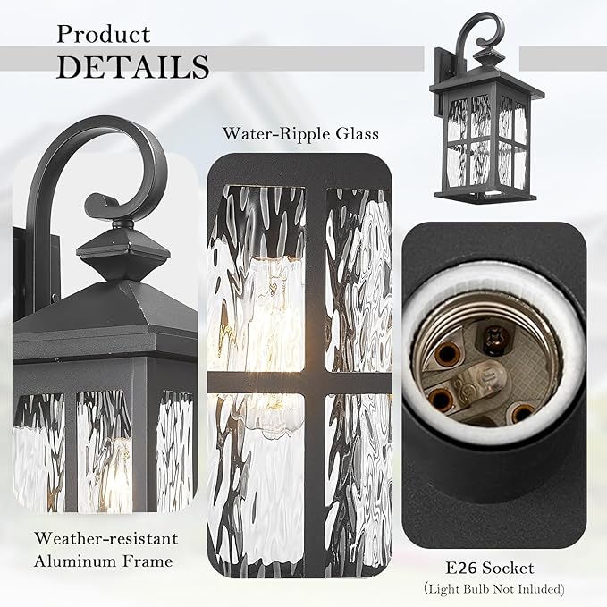 Darkaway Large Outdoor Light Fixtures Wall Mount, 21inch Outside Wall Lights Exterior Lighting Fixture with Water Ripple Glass Outdoor Sconce for House Porch Hallway Garage, 2Pack