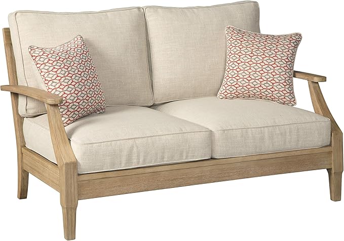 Signature Design by Ashley Clare View Coastal Outdoor Loveseat, Cushioned with Nuvella Fabric, Protective Finish, Eucalyptus Wood, 55.5" W x 35" D x 32" H, Beige