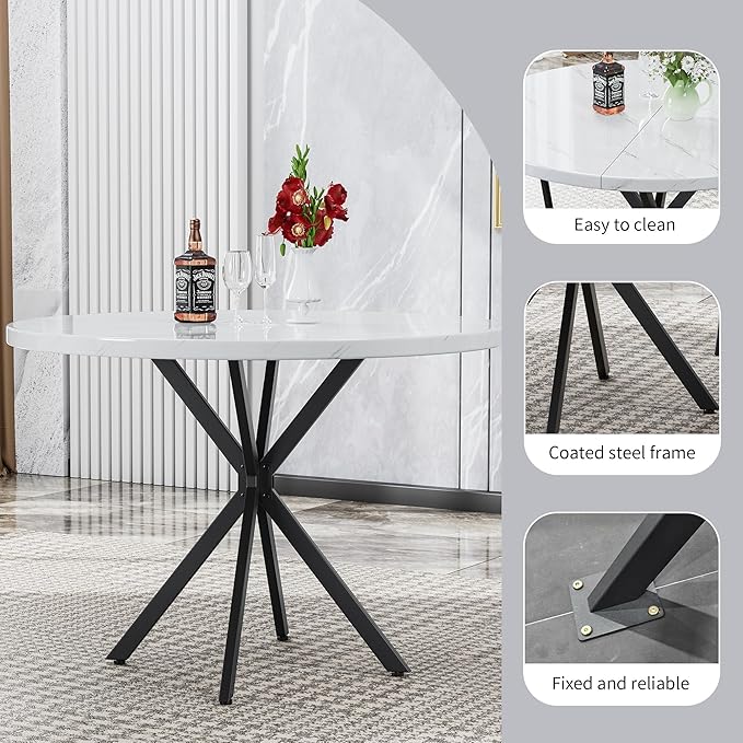 Round Dining Table, 39 Inch Modern Round Kitchen Table White Dining Table with Black X Base, Leisure Table for 4-5 People Small Space Dining Room, Apartment, Kitchen