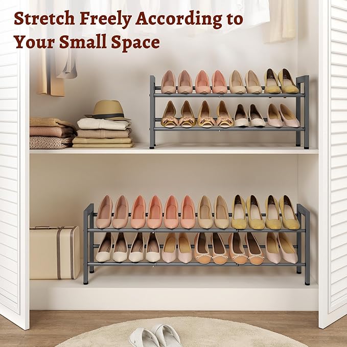 FAVOOSTY 2-Tier Expandable Shoe Rack, Adjustable Shoe Shelf Storage Organizer Space Saving Metal Free Standing Shoe Rack for Entryway Closet Doorway, Silver Grey