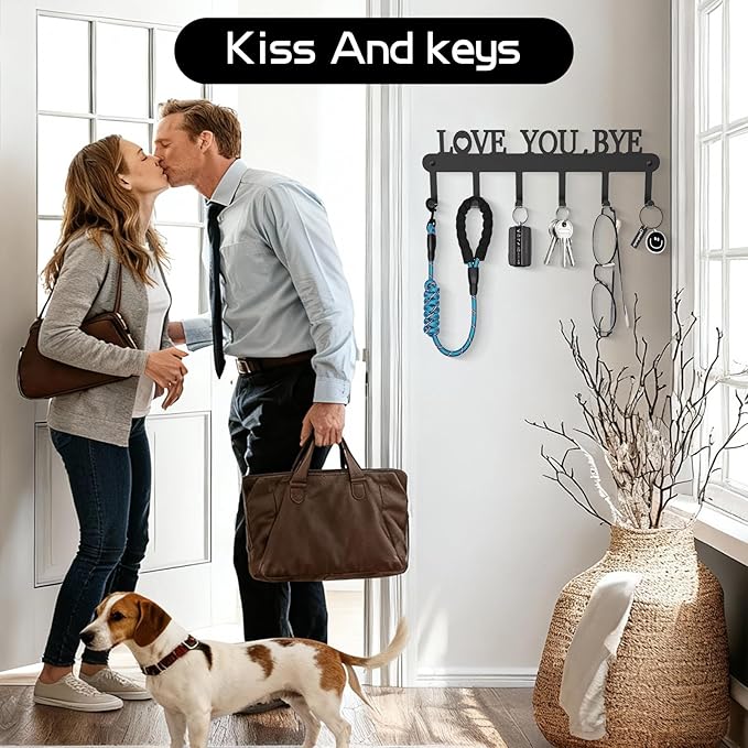 Key Holder for Wall - 'Love You Bye' Key Hooks,Key Holder Wall Mount Self Adhesive, Key Rack Wall Mount for Wall No Drill for Living Room, Kitchen, Bathroom, Garage (Black, 6 Hooks)