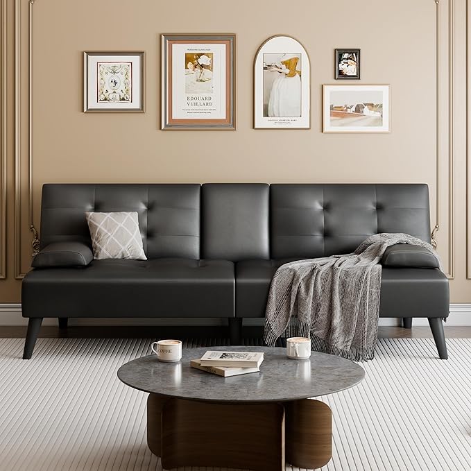 Meilocar Futon Sofa Bed Couch, Small Futon Set, Convertible Sofa Bed for Living Room Office, 2 Cup Holders, Removable Armrest, 3 Angles Backrest (PU Leather, Black)