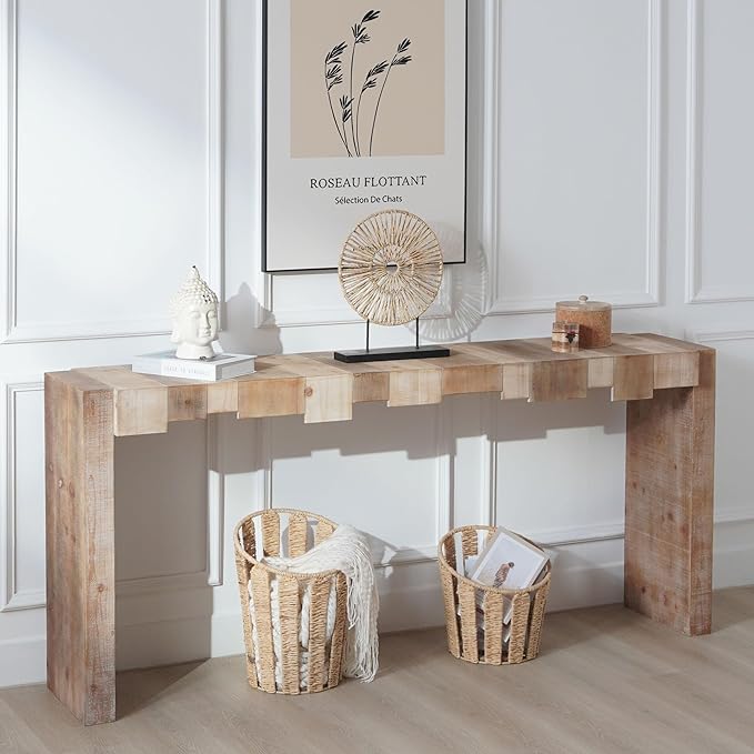 71" Rustic Wooden Console Table with Step-Block Design, Mid Century Modern Sofa Table Behind Couch, Farmhouse Wood Entryway Table for Living Room, Entrance