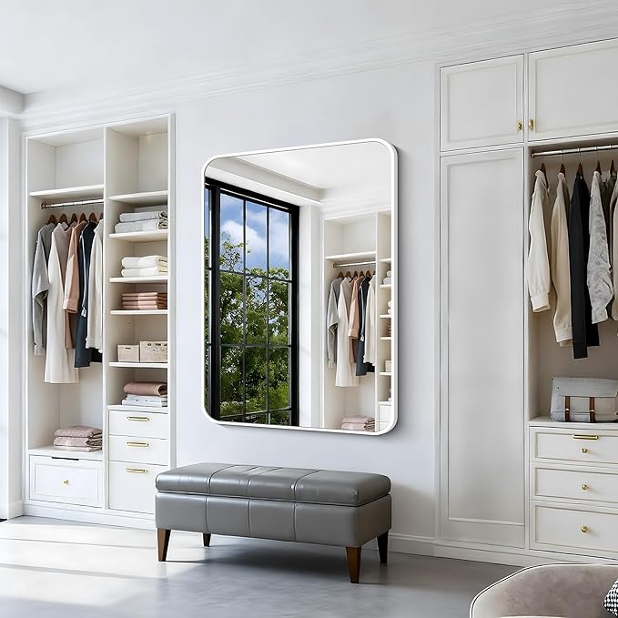 BONEWEI White Bathroom Mirror,36x48 inch Wall Mirror for Bathroom Wall Mounted,Rectangle Mirror for Bathroom Over Sink,Modern Frame Round Corner for Living Room,Bedroom Entryway,Horizontal/Vertical