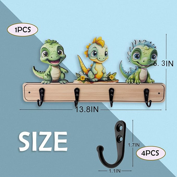 Dog Leash Holder for Wall Mount, Farmhouse Wooden Dog Claw Hooks, Paws Key Rack Accessories for Rustic Home Decor (Dinosaur)