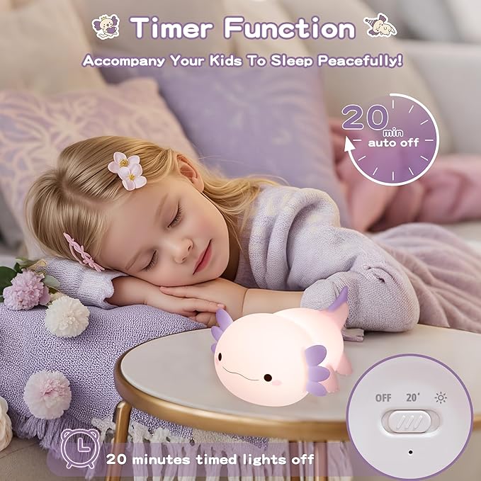 Axolotl Night Light for Kids,Cute Purple Axolotl Lamp ,LED Squishy Nursery Nightlight, Soft Silicone Novelty Animal Bedside Touch Lamp,Adorable Room Decor , Axolotl Christmas Gifts for Mom Girls Baby