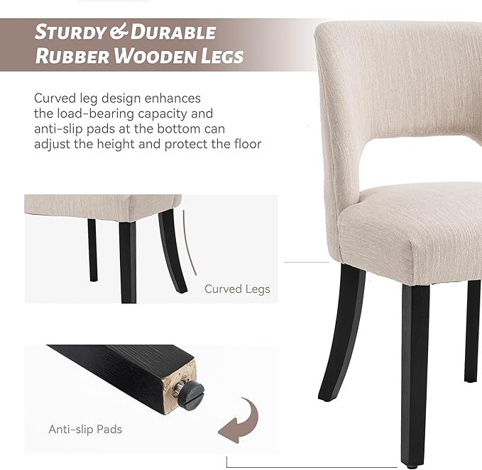 VKNOW Wooden Dining Chairs Set of 4, Modern Fabric Upholstered Dining Room Chair Kitchen Chairs, Farmhouse Dinner Chair for Kitchen Dining Room, Beige-Black Legs