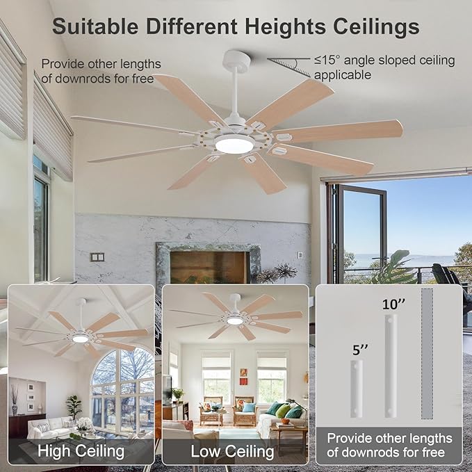 BOOMJOY 72 Inch Ceiling Fans with Lights and Remote, Indoor/Outdoor Ceiling Fan with Light, 8 Blades, Reversible Quiet DC Motor,Modern White Large Ceiling Fan for Living Room Patio Bedroom