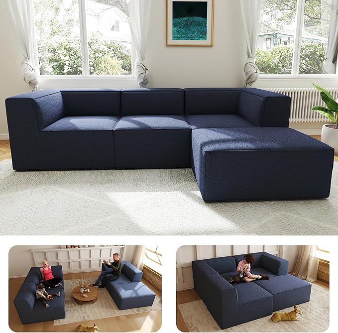 106" Sectional Compressed Sofa Modular Couches L-Shape with Chaise,High-Density Foam No Assembly Required,4-Piece(2xCorner 1xArmless 1xOttoman) for Living Room Chenille Blue