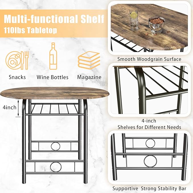 JUMMICO 3-Piece Wooden Round Table & Chair Set, Space Saving Kitchen Breakfast Nook Wood Grain Tabletop with Metal Frame and Built-in Wine Rack for Kitchen, Dining Room (Walnut/Black)