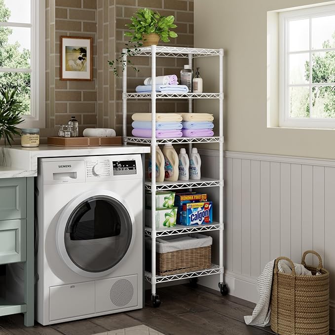 Small 6 Tier Shelf Storage Wire Shelving Unit Metal Shelves Adjustable Organizers Storage Shelving with Wheels for Bathroom Laundry Room Kitchen Pantry12”D x 18”W x 61.6”H White