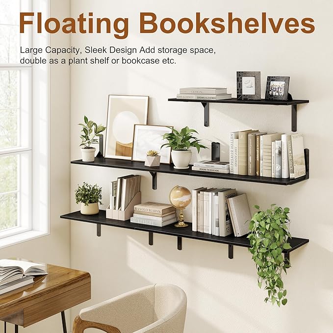 36 Inch Black Floating Shelves Wall Mounted, 12 Inch Deep Wall Shelves with Visible Brackets, Deep Bookshelf for Home, Rustic Bathroom Shelf, Deep Shelves for Plant, Books, Set of 2