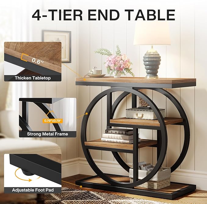 Tribesigns End Table Set of 2, 4-Tier Narrow Side Table with Storage Shelves, Wood Small Sofa Side Table with Geometric Metal Frame, Industrial Bedside Table for Bedroom, Living Room, Natural Brown