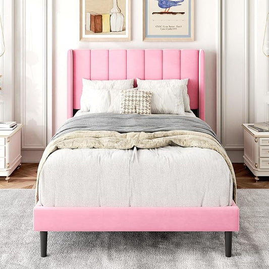 Twin Size Bed Frames with Wingback Headboard Easy Assemnly Platform Bedframe, Sturdy Wooden Slat Support No Box Spring Needed, Pink Velvet