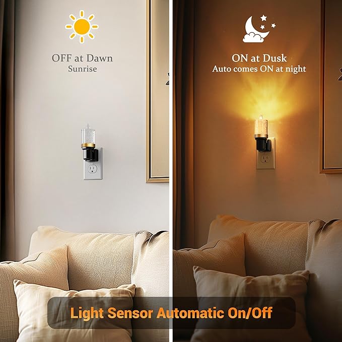 JandCase LED Night Light, Candle Night Lights Plug into Wall Amber, Auto On/Off Light Sensor Nightlight, 0-100LM Brightness Dimmbale Nightlight, for Bathroom Hallway Bedroom Kids Room 2Pack