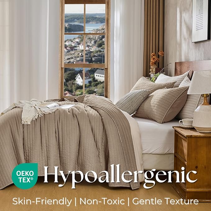 DOWN HOME Twin Quilt Bedding Set with Sham, Vintage Washed Soft Quilted Blanket Thin Comforter Lightweight Bedspread Coverlet Bed Cover, Brushed Microfiber Stripe Stitching, Brown, 66"x92"